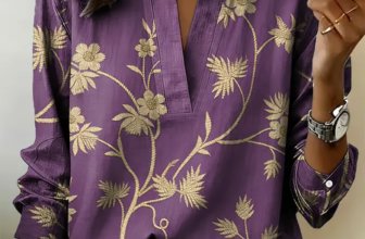 JustFashion – Women Floral V Neck Long Sleeve Blouse Printing Vintage Daily Spring/Fall Top