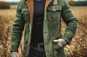 Wayrates – Carhartt Men’s Vintage Outdoor Army Green Suede Fleece Multi-Pocket Lapel Shearling Jacket