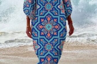 Noracora – Women Geometric Spring/Fall Dress Half Open Collar Three Quarter Sleeve Beach Dress H-Line Dress