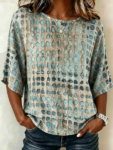 Noracora – Crew Neck Half Sleeve Geometric Printing Regular Micro-Elasticity Loose Blouse For Women