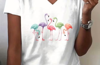 JustFashion – Women Flamingo Short Sleeve Tee T-shirt V Neck Printing Vintage Summer Top