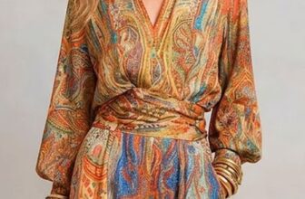 Stylewe – Elegant Paisley Blouse Puff Sleeve Shawl Collar Loose Vacation