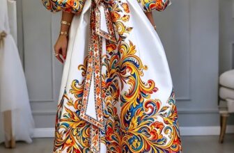 Stylewe – Elegant Ethnic Balloon Sleeve Printing Cross Neck Midi Dress With Belt