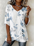Noracora – V Neck Half Sleeve Botanical Pattern Regular Loose Shirt For Women