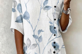 Noracora – V Neck Half Sleeve Botanical Pattern Regular Loose Shirt For Women