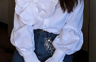 Stylewe – Cotton Elegant Plain Stand Collar Bell Sleeve Shirt With 3D Floral Brooch