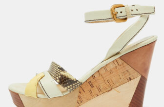 The luxury closet – Prada Size 39 Cream Leather, Patent Leather and Snakeskin Leather Wedge Sandals