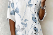 Noracora – V Neck Half Sleeve Botanical Pattern Regular Loose Shirt For Women